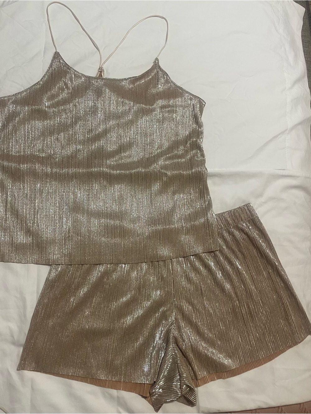 Victoria's Secret Metallic Gold Vintage Satin Ribbed Cami & Shorts Sleep Set